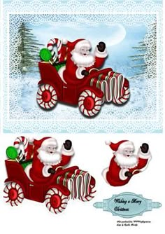 two pictures of santa claus riding in a red car with candy canes on it