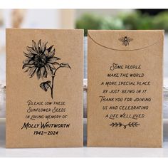 two brown cards with black ink on them, one has a sunflower and the other says some people make the world a more special place by just being in loving