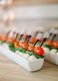 small appetizers with tomatoes and mozzarella are lined up on a table