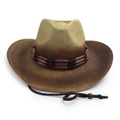 Vintage Hats For Western-themed Summer Events, Casual Beaded Hats With Flat Brim, Casual Beaded Flat Brim Hat, Western Style Brown Straw Hat For Beach Season, Western Brown Straw Hat For Beach Season, Brown Sun Hat For Western-themed Summer Events, Vintage Brown Hats For Beach, Casual Adjustable Sun Hat For Western-themed Events, Western Style Adjustable Fit Hat Bands For Summer