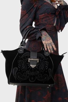 QUIET MEADOW.- Statement velvet bag.- Embroidery details.- Inner pockets.- Outer zip pocket.- Fully lined.- Zip closure.- Width 32cm/ 12.6".- Height 24cm/ 9.4".- Depth 12cm/ 4.7".With KILLSTAR branding, Main Fabric: 100% Polyester, Fabric 2: 100% Polyurethane, Lining: 100% Polyester, Excluding Trims.Wipe clean with a damp cloth only. Imported. Victorian Bag, Gothic Bags, Witch Bag, Witch In The Woods, Gothic Western, Closet Monster, Unusual Handbags, Everyday Goth, Gothic Purse