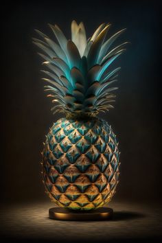 a blue and yellow pineapple sitting on top of a wooden stand in front of a black background