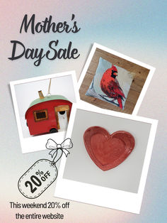 an advertisement for mother's day sale with pictures of hearts, bird and camper