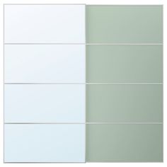 two panels of glass with white and light green paint on the wall, one is empty