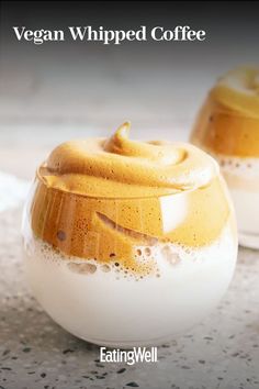 two desserts sitting on top of a counter with the words vegan whipped coffee