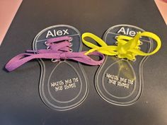 Want to help teach your kiddo or classroom kids how to tie their shoes? This is a fun easy way to help them learn this valuable skill. Each shoe is made out of 1/8 inch acrylic and measures 6 inches tall and 3 1/4 inches wide. Each shoe comes with a 20 inch shoe lace to help teach them how to tie their shoes. Each shoe can be customized with their name so it makes it more fun. If you are a teacher, we can customize it with a class name or your name so you know which room they should stay in. Shoe Tying, My Shoes, Daughter Of God, Shoe Lace, Tie Shoes, School Items, Fun Easy, Womens Flip Flop, Nice Shoes