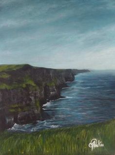 an oil painting of a cliff by the ocean with grass growing on it's sides