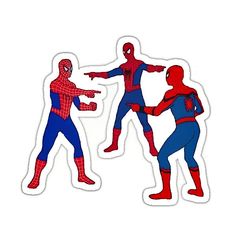 two spider - man stickers are shown in different colors and sizes, one is pointing at the other