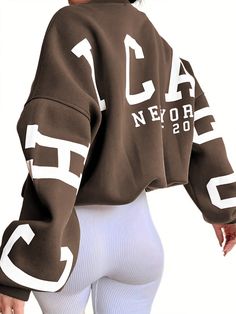 Coffee Brown Casual Collar Long Sleeve Fabric Letter Pullovers Embellished Slight Stretch  Women Clothing Winter Streetwear Women, Chicago Women, Time Clothes, Instagram Baddie, Winter Streetwear, Pull Oversize, Hoodie Streetwear, Fall Hoodies, Cooler Look