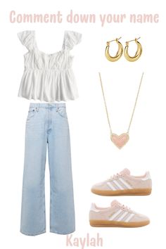 #fyp #cuteoutfit #Outfit #aesthetic #cute #pinterest #viral #kendrascott #adidas #viral #everydayoutfit #coquette Coquette Outfits With Jeans, Coquette Disney Outfits, Coquette Style Outfits Jeans, Streetwear Coquette, Couqutte Jeans, Aesthetic Cute, Outfit Aesthetic, Aesthetic Outfit, Adidas Gazelle