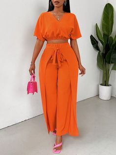 Orange Casual Collar   Plain  Embellished Non-Stretch  Women Clothing Orange Shirt Outfit, Trouser And Top For Ladies, Beach Vacation Style, Classy Short Dresses, Stylish Work Attire, Strapless Crop Top, Fashion Dresses Online