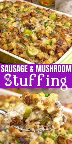 sausage and mushroom stuffing in a casserole dish