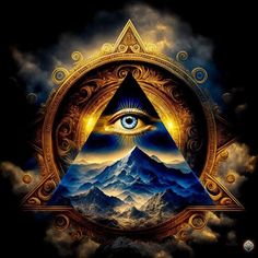 an all seeing triangle with mountains in the background and clouds around it, as well as a third eye