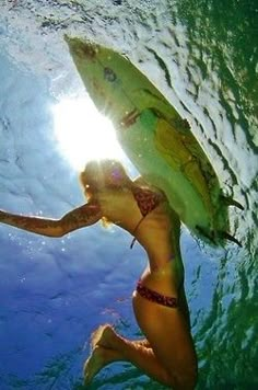 Under Water, Surfboard, A Woman, Water