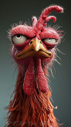 a close up of a red bird with big eyes and long, feathery feathers