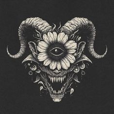 an animal skull with large horns and sunflowers on it's head, in the middle of a black background