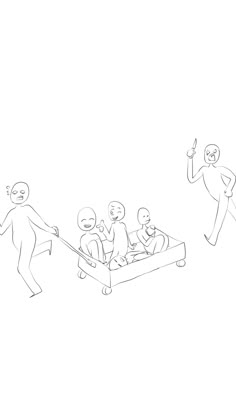 a line drawing of people in a bed being pulled by a man on a skateboard