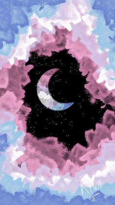 the moon is in the sky with clouds and stars around it, as well as an abstract painting