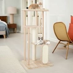 two cats sitting on top of a cat tree in a living room next to a chair