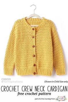 a child's yellow cardigan sweater with buttons on the front, and text that reads