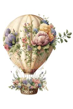 a watercolor painting of a hot air balloon with flowers on the front and sides