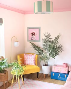 a living room with pink walls and yellow chair, potted plant, and other furniture