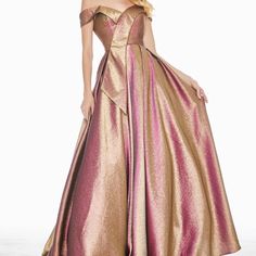 Ashley Lauren Two-Tone Metallic Brocade Off Shoulder Ball Gown. The Two-Tone Fabric Is A Rich Fuchsia Gold Color And The Bustier Has A Wrap Off Shoulder Detail. The Skirt Is Complete With Pockets. Off Shoulder Two-Tone Metallic Brocade Pockets. There Is A Small Split In The Seam By The Zipper From Trying On In Boutique (Shown In The Pictures) Easy Fix Not Noticeable. New With Tags Size 8. Off Shoulder Ball Gown, Aline Dress, Pink And Gold, A Line Dress, Beautiful Outfits, Two Tone, Off Shoulder, Gold Color, Ball Gowns