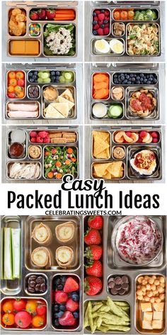 the lunch box is filled with different types of food and has text overlay that reads easy packed lunch ideas