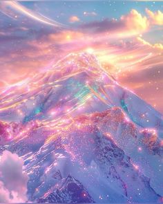 a mountain covered in bright lights and clouds