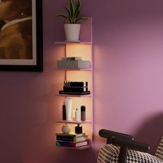 a purple wall with a white shelf holding various items and a potted plant next to it