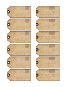 six wooden tags with holes in them on a white background stock photo - 1307982