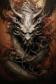 an artistic painting of a demon with large horns and vines on its face, in front of a dark background