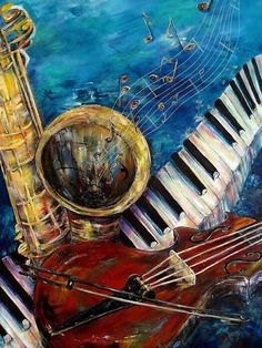 a painting of musical instruments and music notes