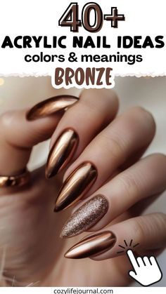 Shiny bronze acrylic nails with various designs, highlighting color ideas and meanings for nail art inspiration. Bronze Nails Designs, Copper Nails Designs, Burgundy Acrylic Nails, Bronze Nails, Copper Nails, Brown Nails Design, Hair Pick, Fall Acrylic Nails, Black Nail Designs