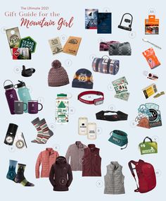 the gift guide for the mountain girl is displayed in this graphic above it's contents