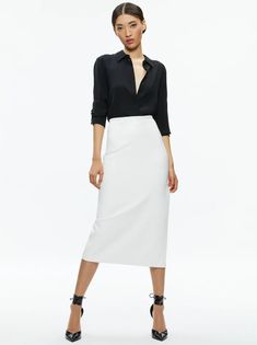 Maeve Vegan Leather Midi Skirt In Off White | Alice And Olivia Sleek Formal Skirt For Spring, Sleek Formal Spring Skirt, Sleek Pencil Skirt For Date Night In Spring, Sleek Pencil Skirt For Spring Night Out, Sleek Pencil Skirt For Date Night, Chic Knee-length Maxi Skirt For Office, Chic Knee-length Skirt For Date Night, Fall Night Out Midi Pencil Skirt, Fall Pencil Skirt For Night Out