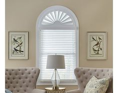 two chairs sitting next to each other in front of a window with white shutters