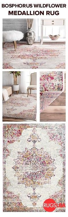 an advertisement for the bosphoras wildflower medallion rug is shown in three different images