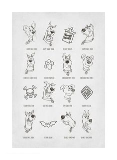 an image of various cartoon animals and their names on a piece of paper in black ink