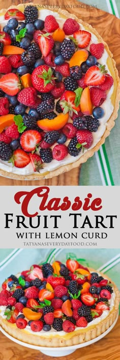 a fruit tart with lemon curd and fresh berries on top is ready to be served