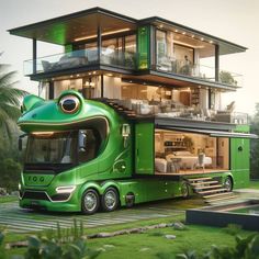 a green truck is parked in front of a house