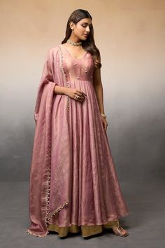 Pink pleated flare shimmer finish anarkali with banarasi bodice, elevated with beaded butti embroidery. Paired with a dupatta with beaded border. - Aza Fashions Elegant Maxi Length Raw Silk Salwar Kameez, Floor-length Tissue Silk Anarkali With Gota Work, Anarkali Dress With Gota Work In Tissue Silk, Floor-length Tissue Silk Anarkali Set With Dupatta, Party Cotton Silk Anarkali Set With Zari Work, Eid Anarkali Sleeveless Gown, Sleeveless Anarkali Gown For Eid, Elegant Festive Gown With Gota Work, Festive Sleeveless Gown With Sheer Dupatta