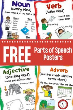 four posters with different types of words and pictures to describe the parts of speech in english