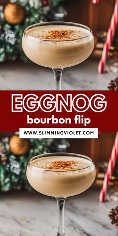 eggnog bourbon flip cocktail in coupe glasses with candy canes on the side