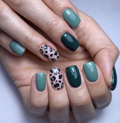 Green Cheetah Nails, Green Leopard Print Nails, Leopard Print Nails Fall, Pretty Nails For Fall, Green Leopard Nails, Teal Fall Nails, Fall Leopard Nails, Print Nails Design, Teal Nail Designs