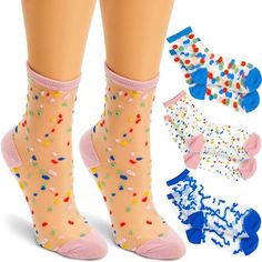 Item Description Add a fun and unique touch of the 80s and 90s fashion to your outfit using these 3 pairs of pattern socks! Give the gift of comfort to a friend or loved one, these sheer pattern socks are made of nylon and cotton to ensure your feet stay comfortable for hours. The various designs include polka dots, confetti, and squiggly lines that are suitable for women and girls to match with sneakers, high heels, and loafers. The transparent ankle socks will fit most shoe sizes. Size: One Si Stockings For Women, Sewing Projects Clothes, Mesh Socks, 80s And 90s Fashion, Pattern Socks, Socks For Women, Happy Socks, Patterned Socks, Socks And Hosiery