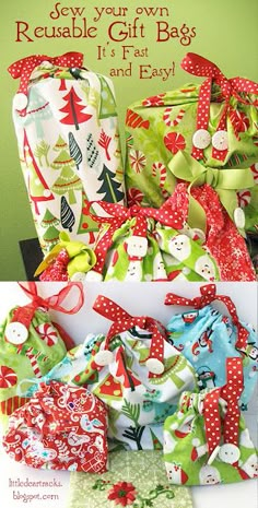 several christmas presents are stacked on top of each other with ribbons and bows around them