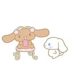 a cartoon dog sitting on top of a table next to a small white bunny holding a cell phone