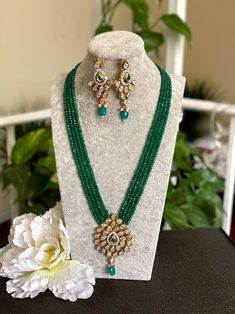 Long Polki Necklace Indian Long Necklace Pakistani Jewelry | Etsy Indian Beads Jewellery Design, Emerald Beads Jewelry Indian, Emerald Necklace Indian, Long Beads Necklace, Long Necklace Indian, Jewellery Emerald, Indian Long Necklace, Artificial Earrings, Kundan Long Necklace