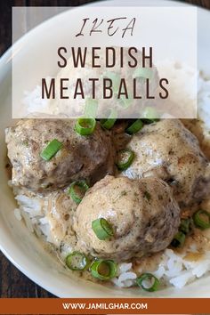 swedish meatballs with white rice and green onions in a bowl on a wooden table